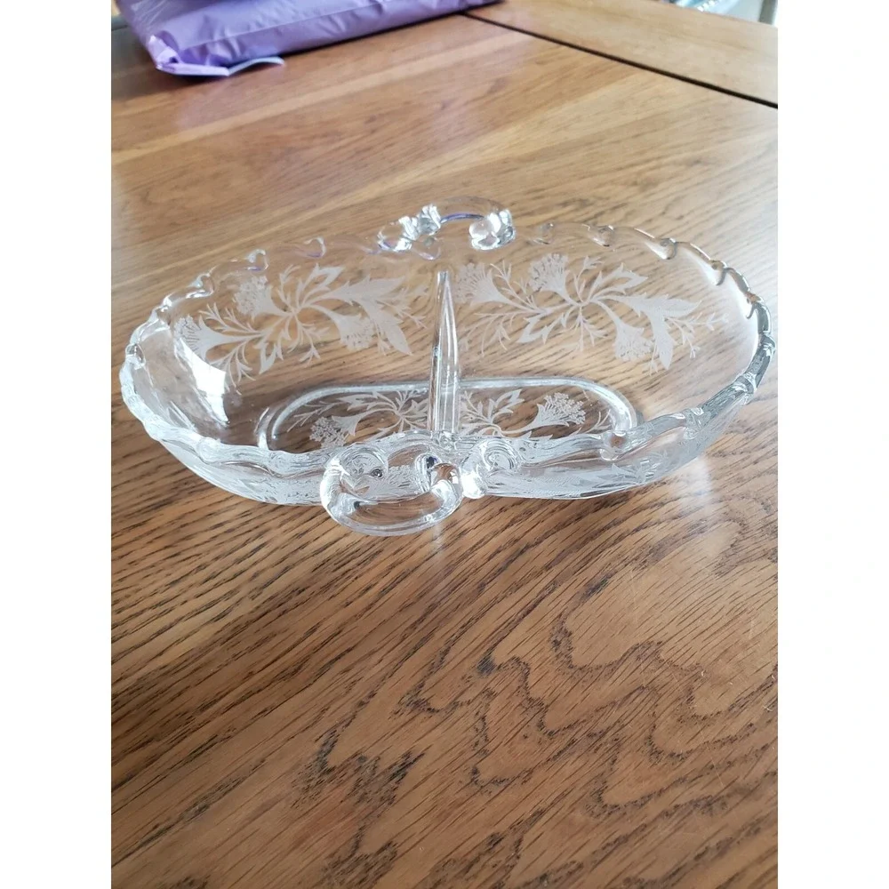 Fostoria Century Heather Etched 2 Part Divided Relish Dish Side Handled 7.5